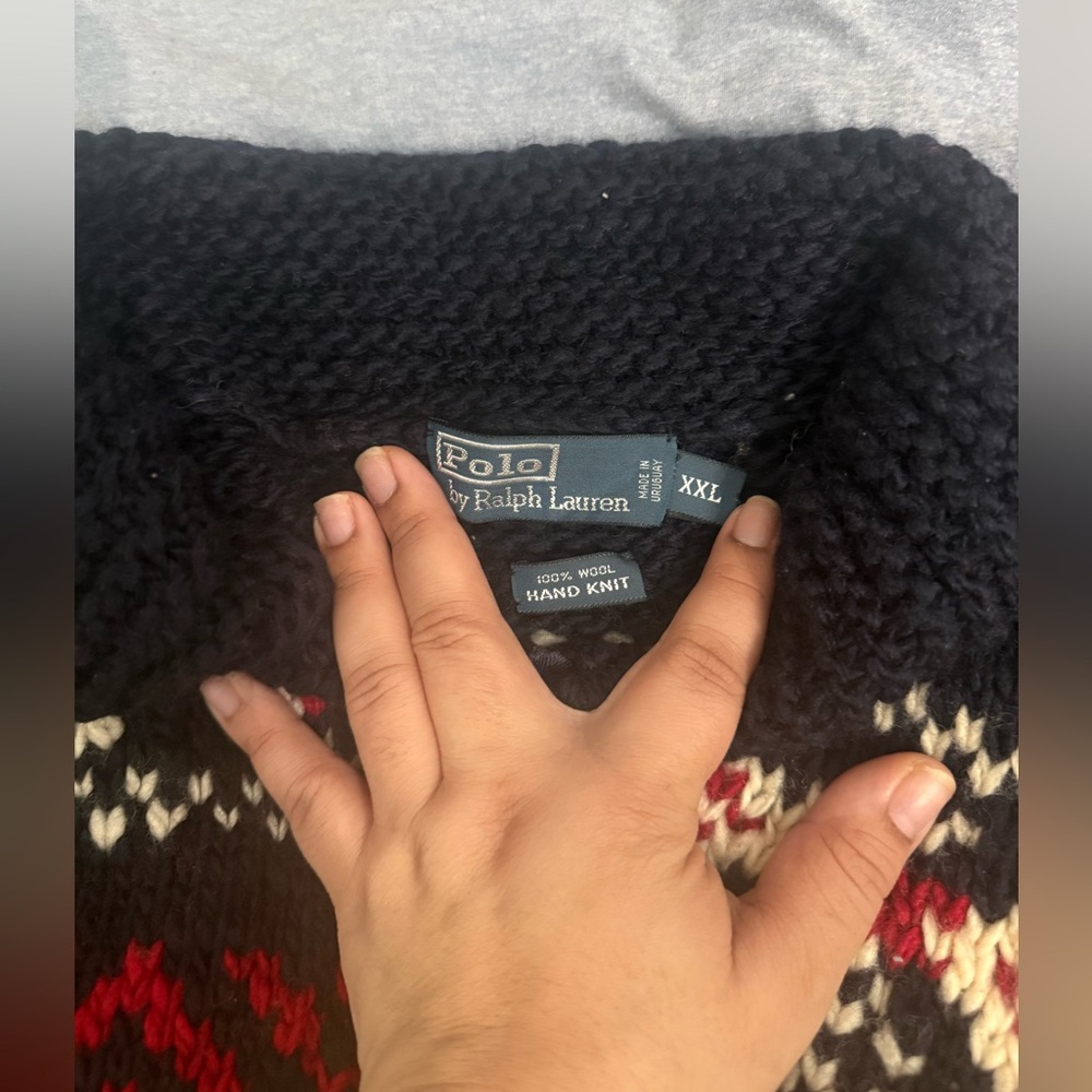 Polo by Ralph Lauren Navy Wool Hand-Knit Sweater with Cream & Red Details - Picture 6 of 6